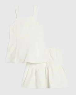 Girls White Pearl Waistcoat And Skirt Set