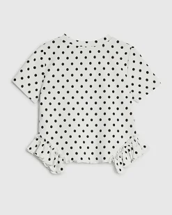 Girls White Polka Dot Frill Hem T-Shirt