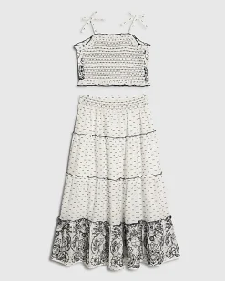 Girls White Printed Cami and Maxi Skirt Set