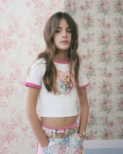 Girls White Rib Floral Heart Cotton T-Shirt