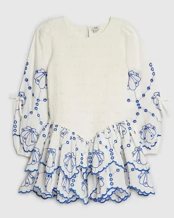 Girls White Shirred Long Sleeve Dress