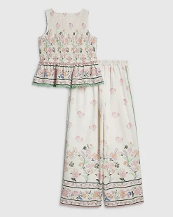 Girls white Smock Cotton Top and Trouser Set