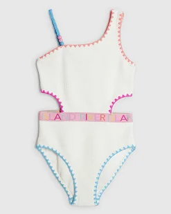 Girls White Textured Asymmetric Swimsuit