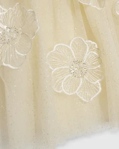 Girls Yellow Puff Sleeve Floral Tulle Dress