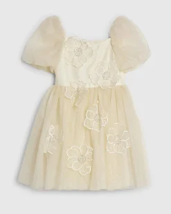 Girls Yellow Puff Sleeve Floral Tulle Dress