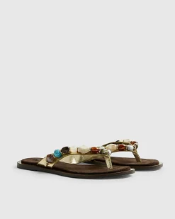 Gold Beaded Toe Thong Flat Sandals