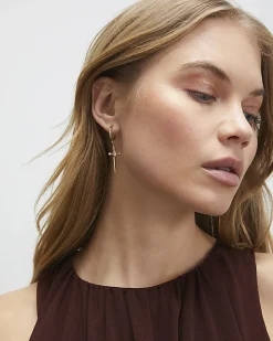 Gold Cross Drop Hoop Earrings