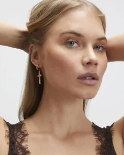 Gold Diamante Cross Hoop Earrings
