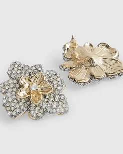 Gold Diamante Flower Stud Earrings