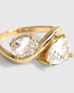 Gold Diamond simulant Double Stone Wave Ring