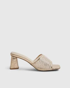 Gold Embellished Mesh Mule Heeled Sandals