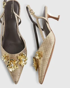 Gold Flower Trim Raffia Slingback Court Heels