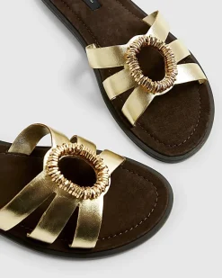 Gold Leather Bead Ring Flat Sandals
