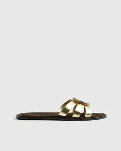 Gold Leather Bead Ring Flat Sandals