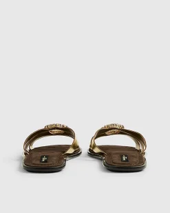 Gold Leather Bead Ring Flat Sandals