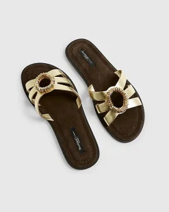 Gold Leather Bead Ring Flat Sandals