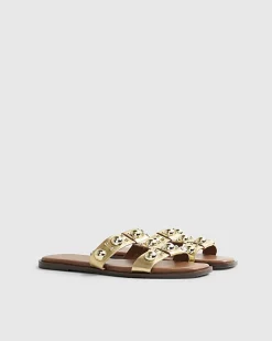 Gold Leather Studded Flat Sandals