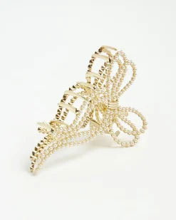 Gold Pearl Bow Claw Hair Clip