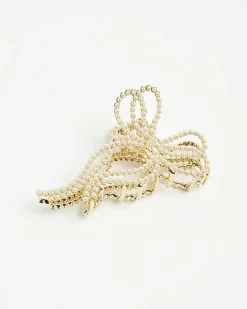 Gold Pearl Bow Claw Hair Clip