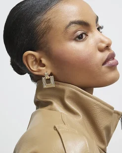 Gold Ridged Square Door Knocker Earrings