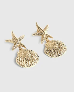 Gold Starfish Shell Drop Earrings