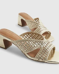 Gold Woven Block Heel Mule Sandals