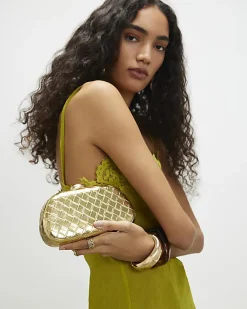 Gold Woven Hard Shell Clutch Bag