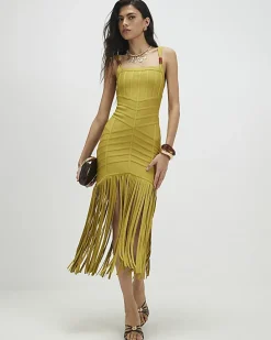 Green Bandage Knit Fringe Dress