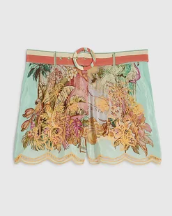 Green Belted Embroidered Cutwork Shorts