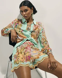 Green Belted Embroidered Cutwork Shorts