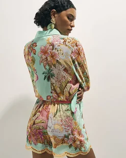 Green Belted Embroidered Cutwork Shorts