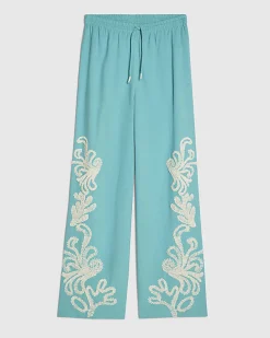 Green Broderie Drawstring Wide Leg Trousers