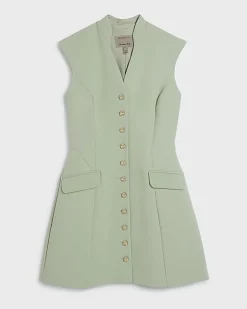 Green Button Up Structured Mini Dress