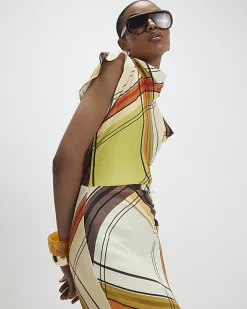 Green Check Print Column Midi Dress