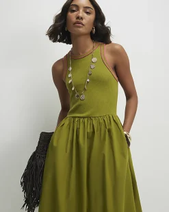 Green Cotton Sleeveless Whipstitch Maxi Dress