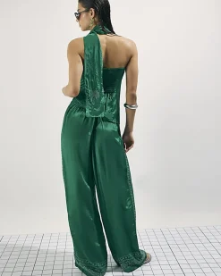 Green Embellished Wide Leg Trousers