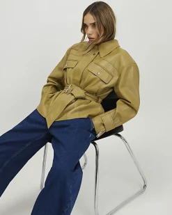 Green Faux Leather Belted Jacket