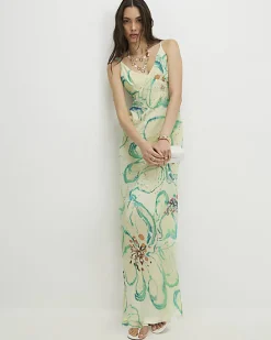Green Floral Embellished Slip Maxi Dress