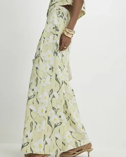 Green Floral Linen Blend Wide Leg Trousers