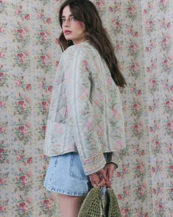 Green Floral Print Quilted Cotton Jacket