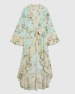 Green Floral Print Waterfall Hem Robe