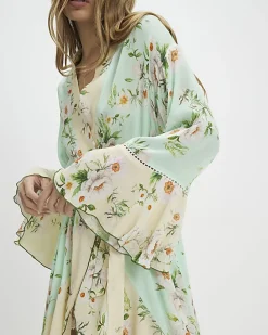 Green Floral Print Waterfall Hem Robe