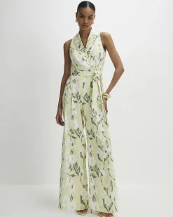 Green Floral Scallop Linen Blend Jumpsuit