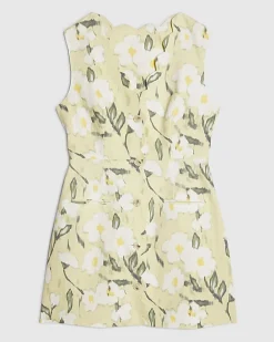 Green Floral Scalloped Linen Blend Mini Dress