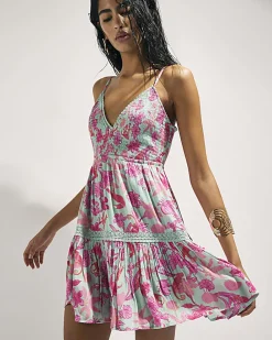 Green Floral Shirred Mini Dress