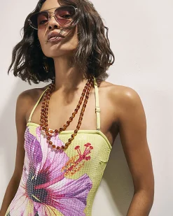 Green Hibiscus Floral Print Sequin Swimsuit