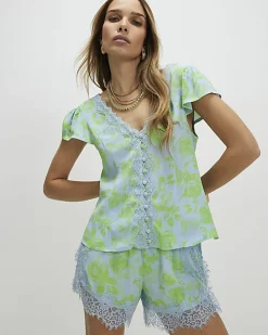 Green Lace Trim Floral Printed Blouse