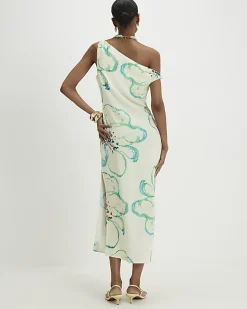 Green Linen Blend Asymmetric Midi Dress