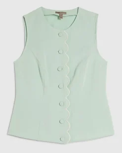 Green Linen Blend Scallop Trim Waistcoat