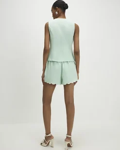 Green Linen Blend Scallop Trim Shorts